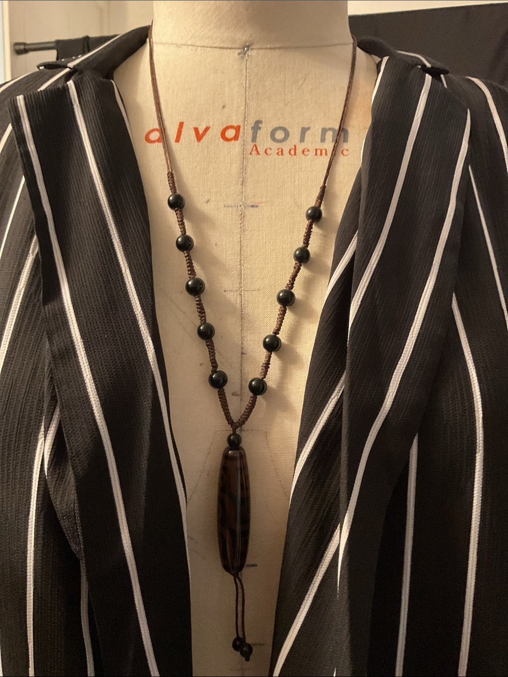 Brown Dzi Bead Necklace with Black Accents